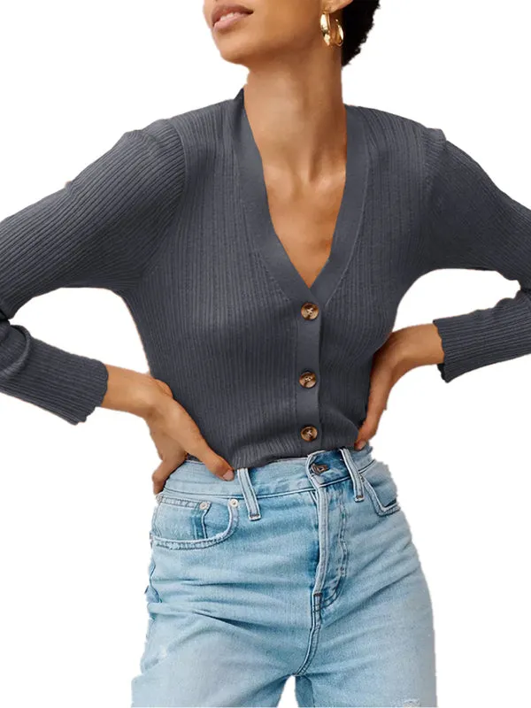 Women Long Sleeve Deep V Neck Ribbed Button Knit Sweater Solid Color Tops sold by Tinstree product image thumbnail 2