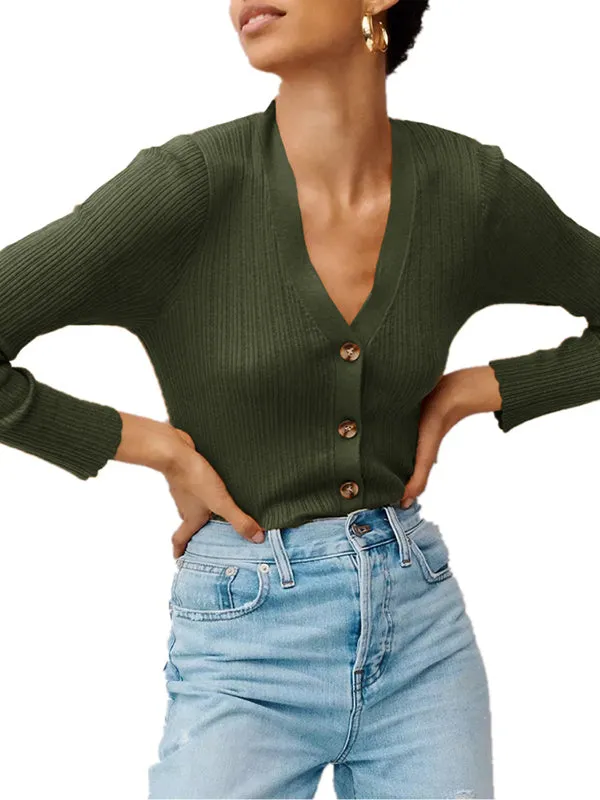 Women Long Sleeve Deep V Neck Ribbed Button Knit Sweater Solid Color Tops sold by Tinstree product image thumbnail 3