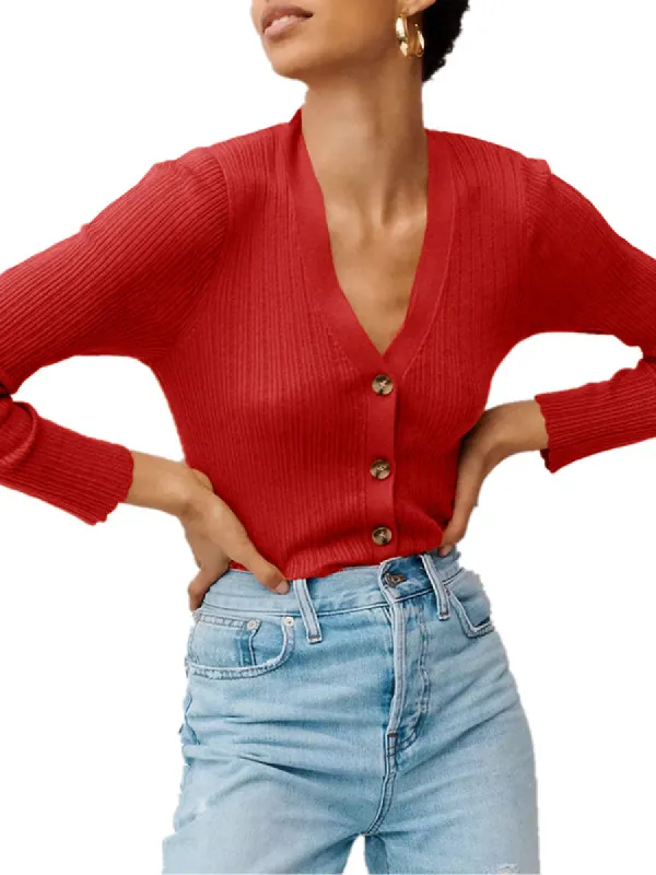 Women Long Sleeve Deep V Neck Ribbed Button Knit Sweater Solid Color Tops sold by Tinstree