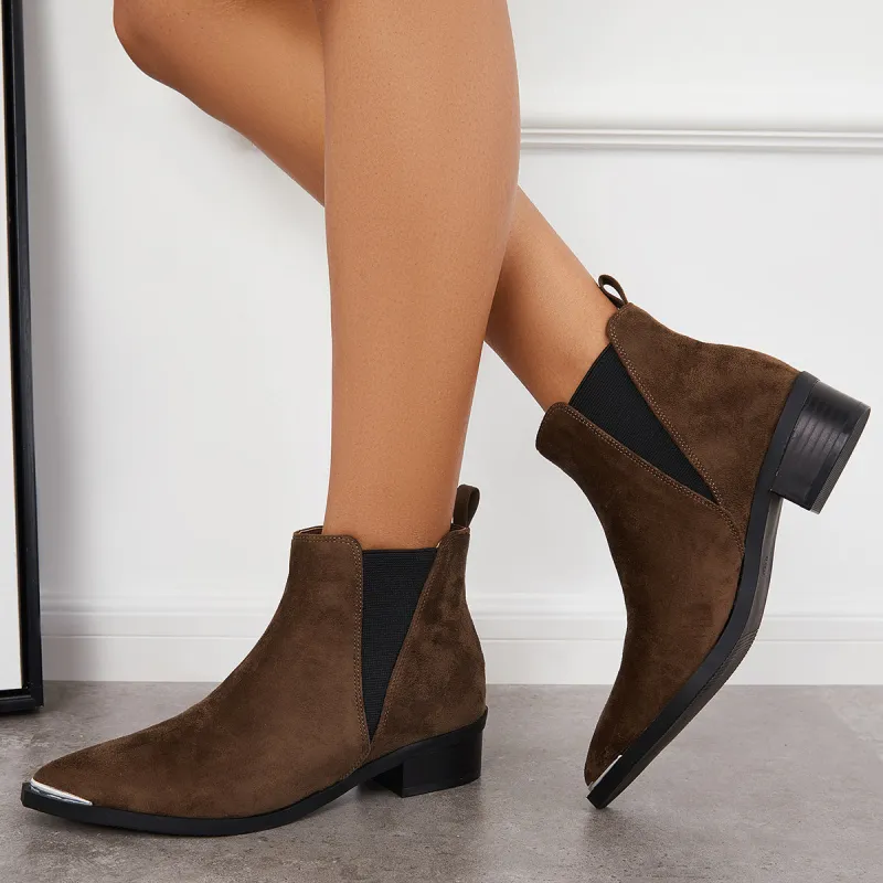 Women Pointed Toe Western Boots Chunky Heel Slip On Ankle Booties sold by Tinstree