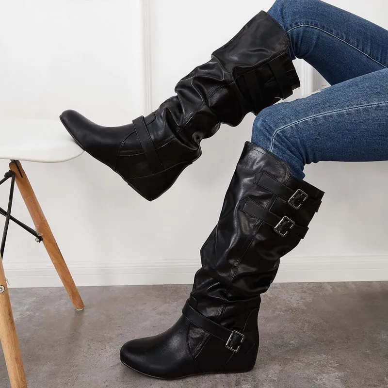 Black Slouch Wide Calf Knee High Boots Hidden Wedge Boots sold by Tinstree