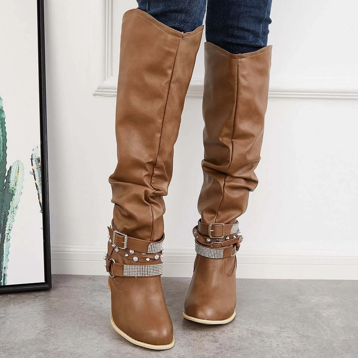 Slouchy Knee High Riding Boots Chunky Heel Western Boots sold by Tinstree product image thumbnail 3