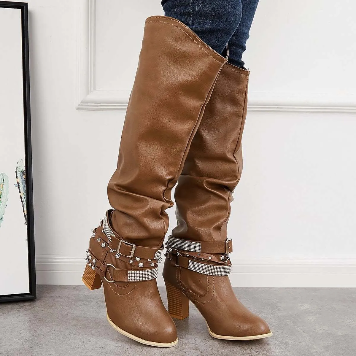 Slouchy Knee High Riding Boots Chunky Heel Western Boots sold by Tinstree product image thumbnail 4