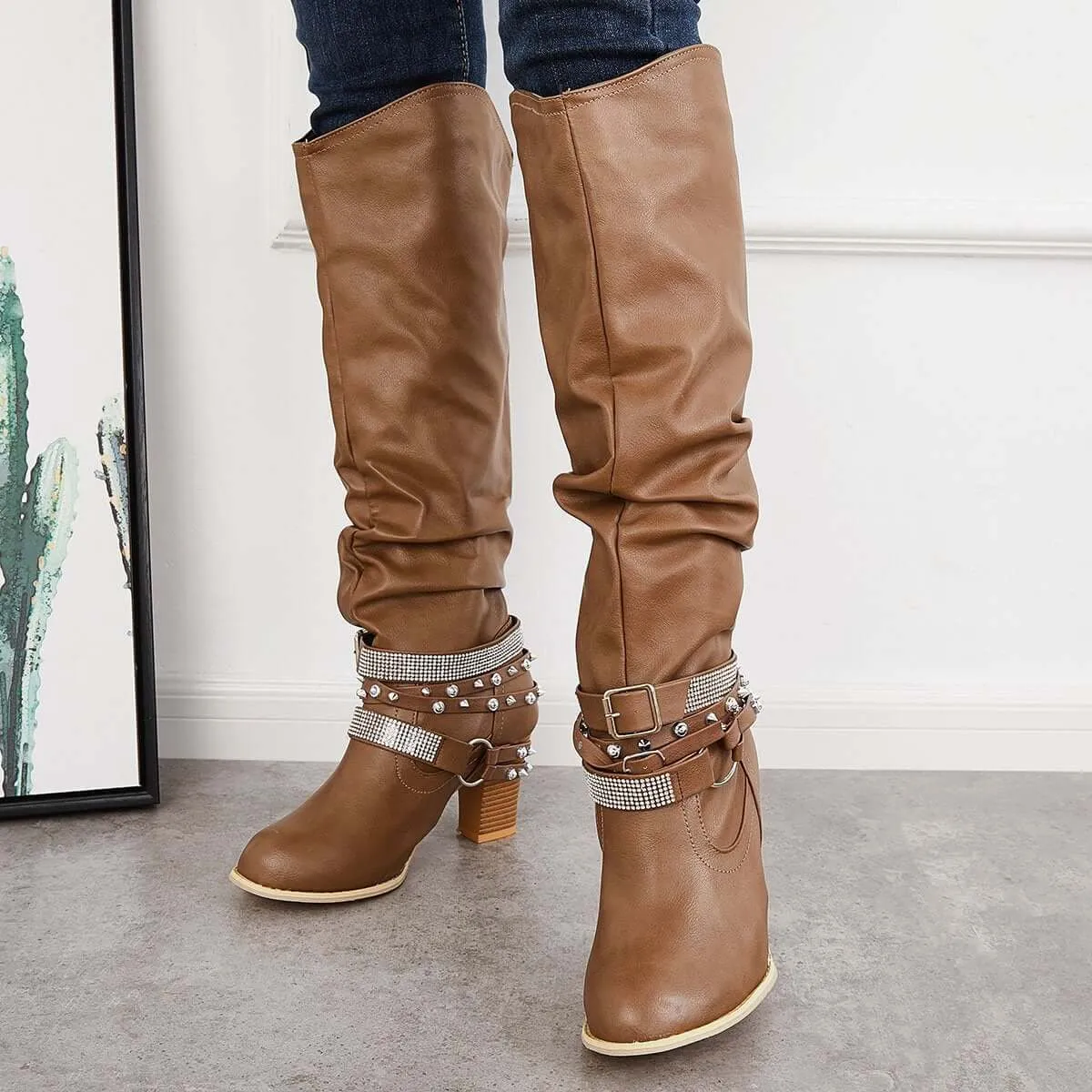 Slouchy Knee High Riding Boots Chunky Heel Western Boots sold by Tinstree product image thumbnail 2