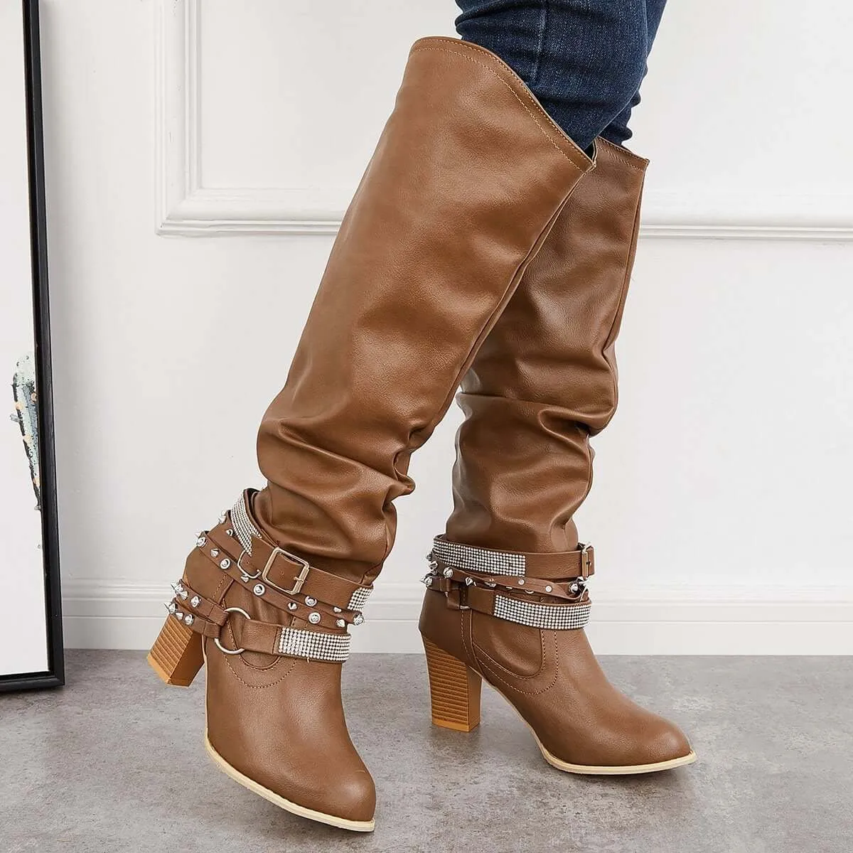 Slouchy Knee High Riding Boots Chunky Heel Western Boots sold by Tinstree