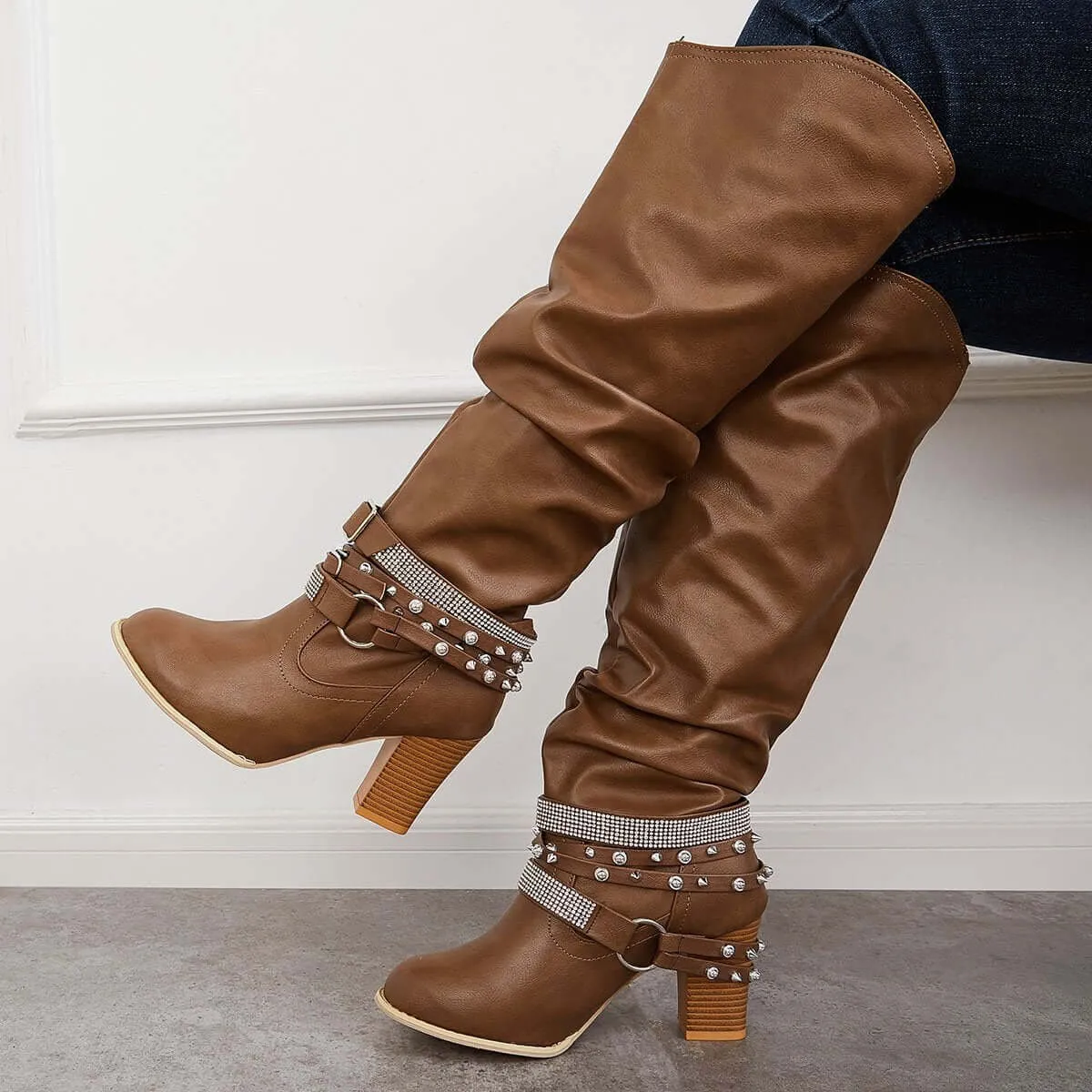 Slouchy Knee High Riding Boots Chunky Heel Western Boots sold by Tinstree product image thumbnail 5