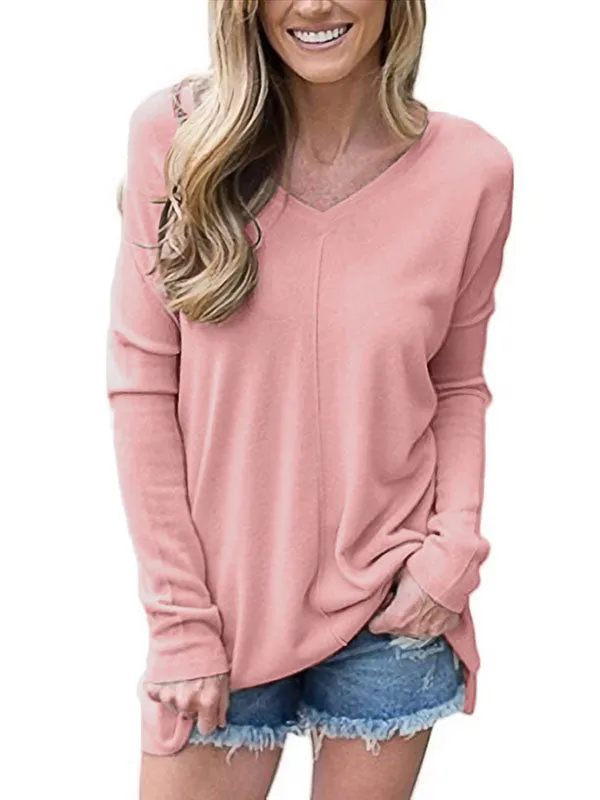 Women Long Sleeve V Neck Knit Sweater Solid Color Pullover Jumper Tops sold by Tinstree
