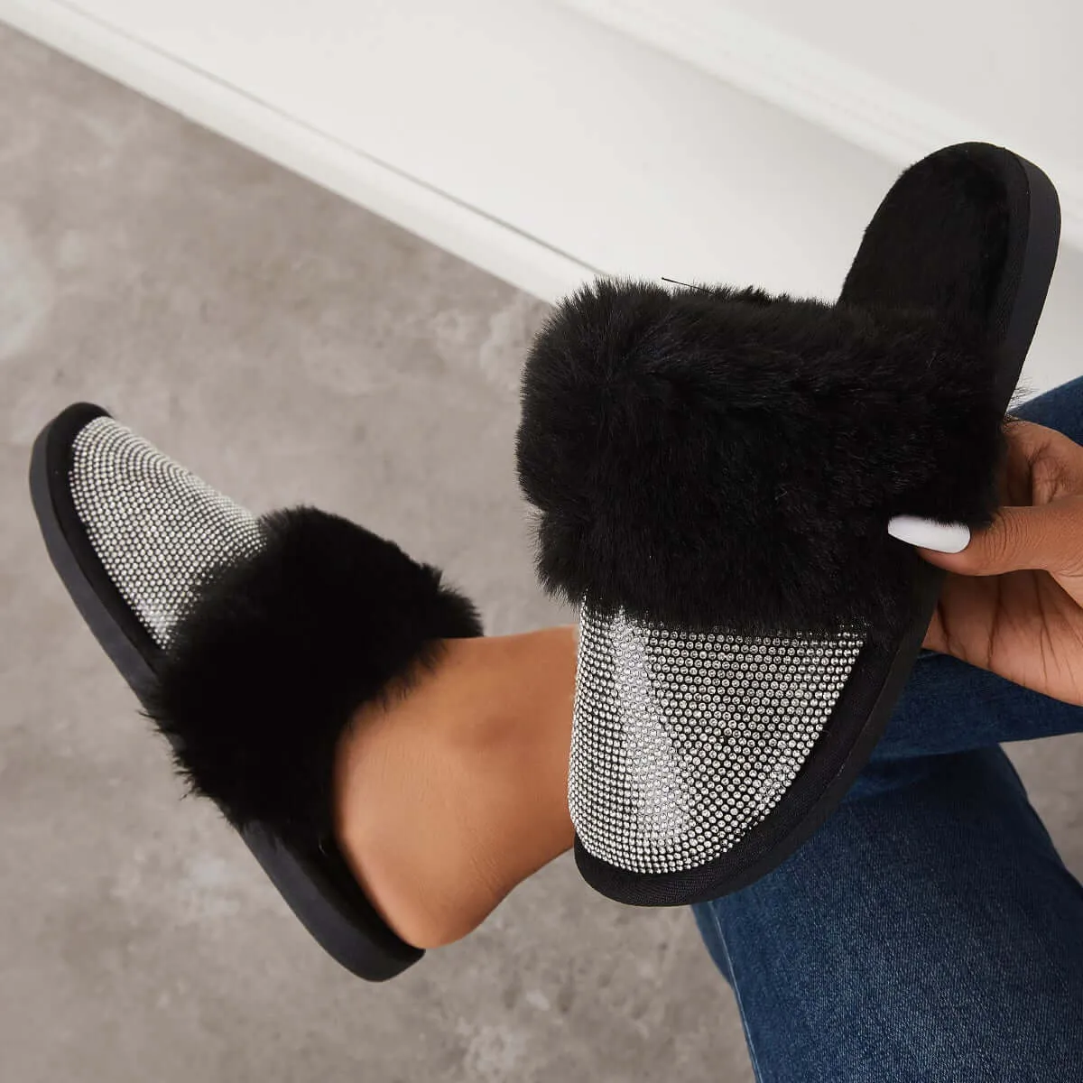 Black Warm Faux Fur Mule Slipper Furry Soft Slip on Shoes sold by Tinstree product image thumbnail 4