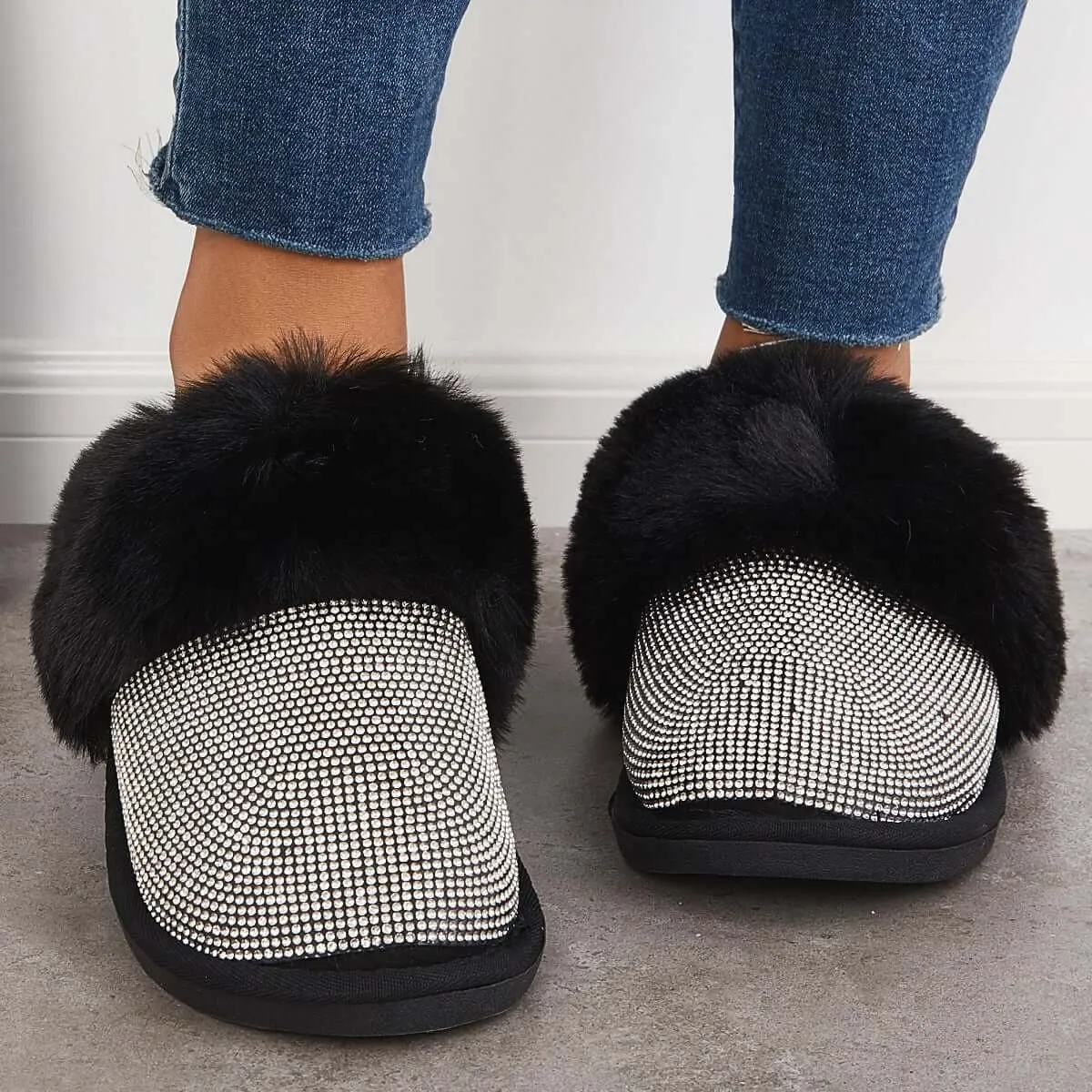 Black Warm Faux Fur Mule Slipper Furry Soft Slip on Shoes sold by Tinstree product image thumbnail 2