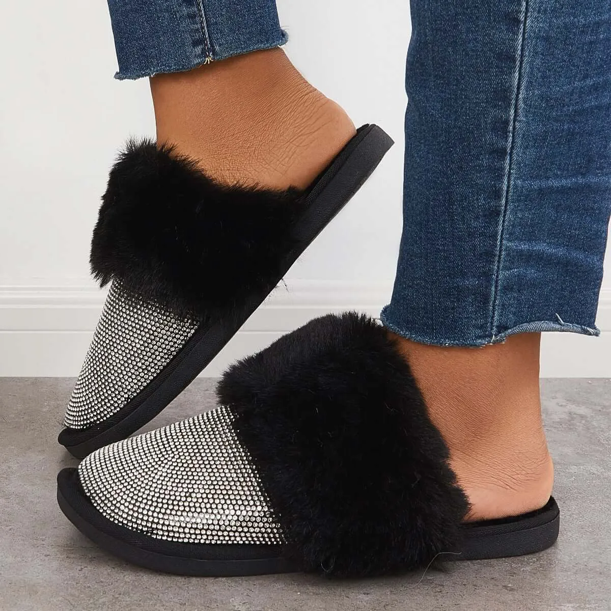 Black Warm Faux Fur Mule Slipper Furry Soft Slip on Shoes sold by Tinstree