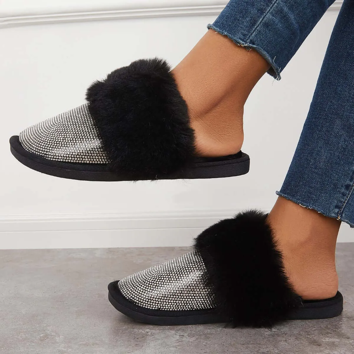 Black Warm Faux Fur Mule Slipper Furry Soft Slip on Shoes sold by Tinstree product image thumbnail 3