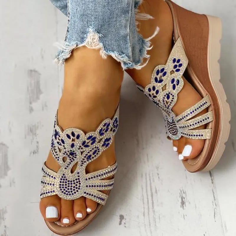 Rhinestone Platform Wedges Backless Slip-on Sandals sold by Tinstree