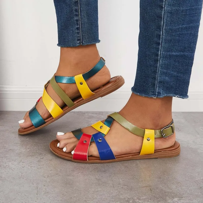 Colored Open Toe Anke Strap Flat Sandals sold by Tinstree