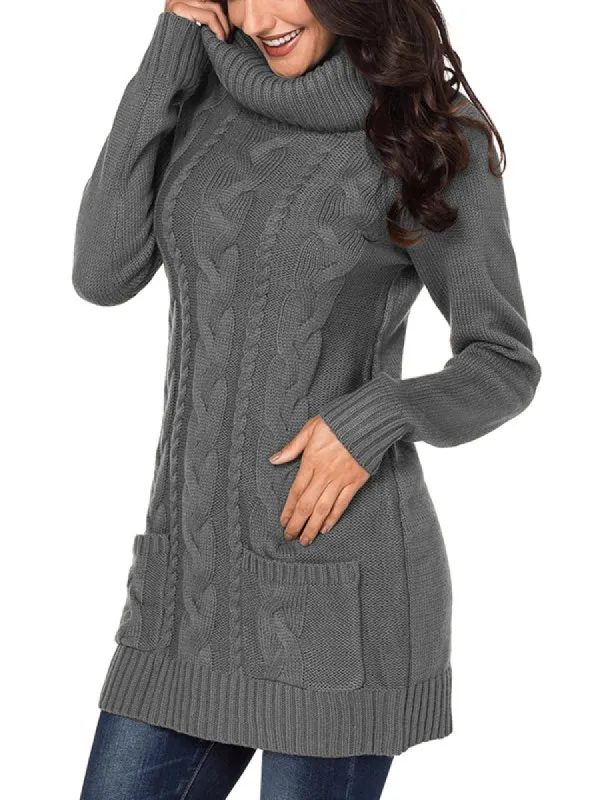 Women Long Sleeve Turtleneck Sweater Dress Slim Fit Cable Knit Pullover Jumper Dresses sold by Tinstree