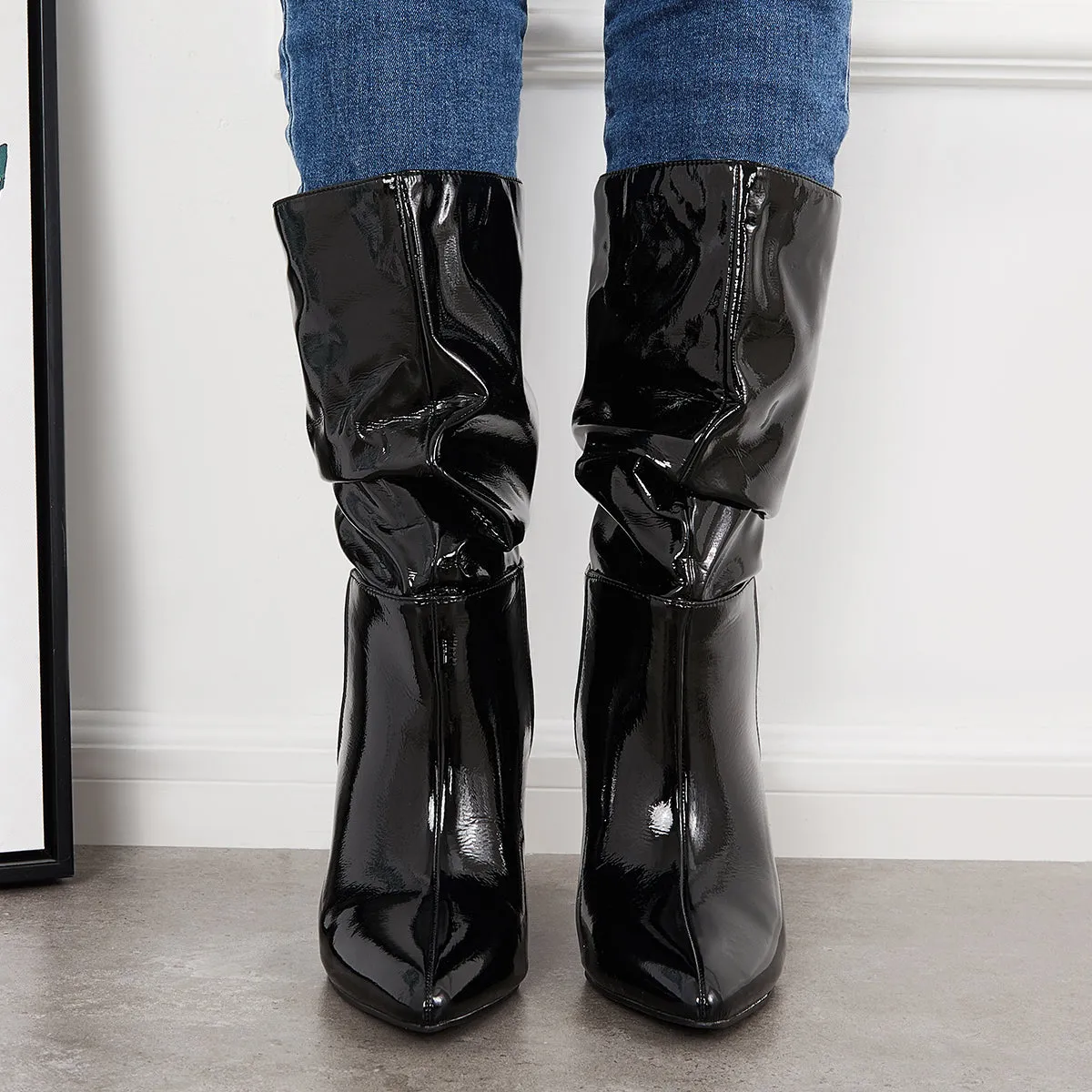 Slouch Patent Leather Mid Calf Boots Pointed Toe Stiletto Heel Booties sold by Tinstree product image thumbnail 5