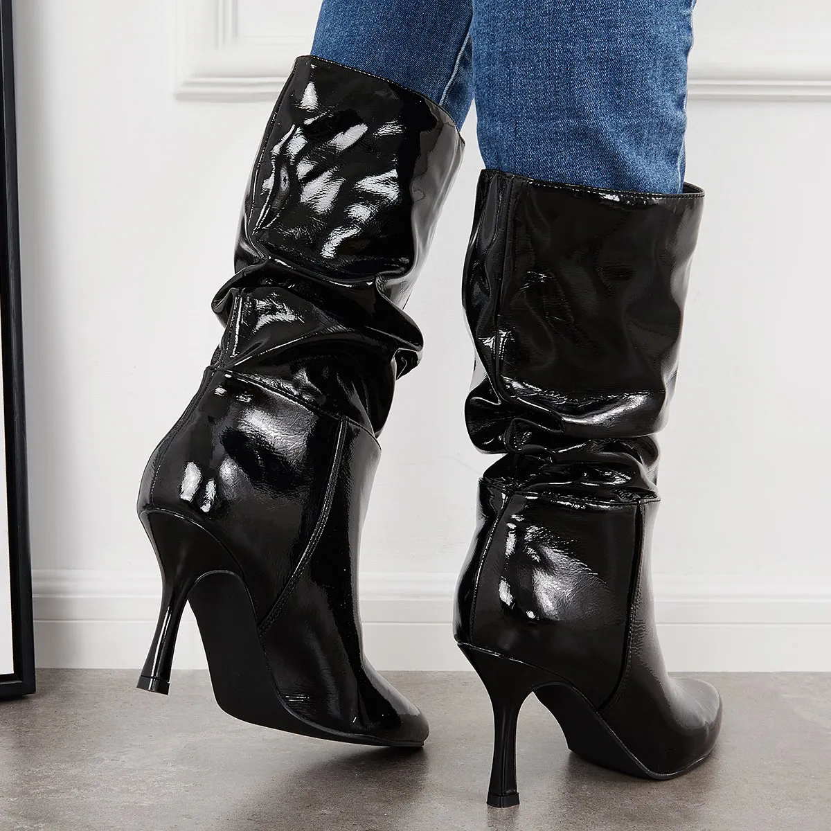 Slouch Patent Leather Mid Calf Boots Pointed Toe Stiletto Heel Booties sold by Tinstree product image thumbnail 4