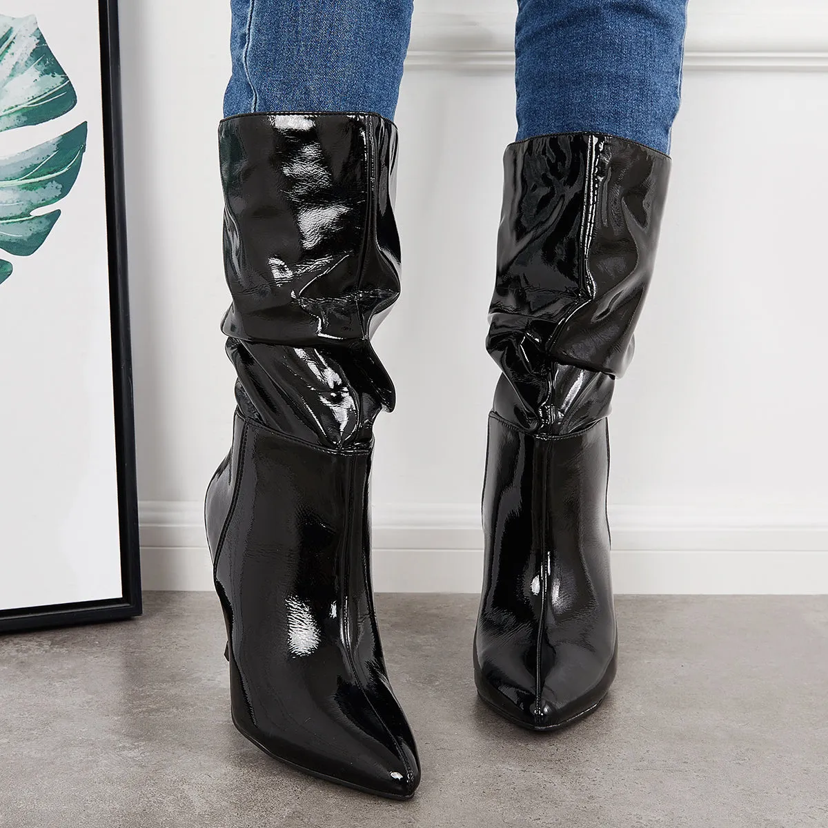 Slouch Patent Leather Mid Calf Boots Pointed Toe Stiletto Heel Booties sold by Tinstree product image thumbnail 3
