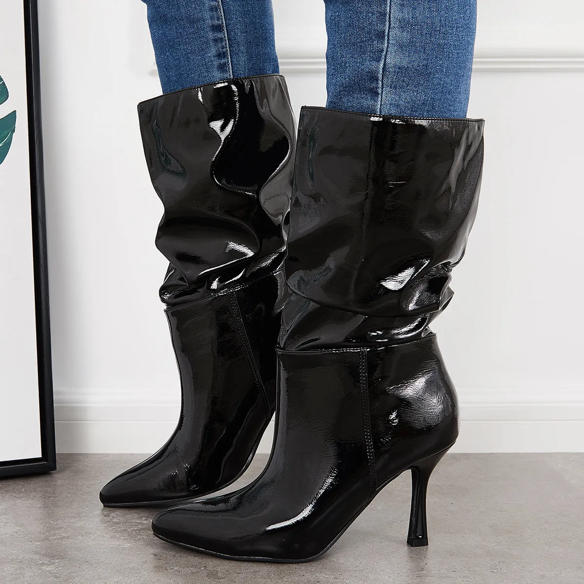 Slouch Patent Leather Mid Calf Boots Pointed Toe Stiletto Heel Booties sold by Tinstree product image thumbnail 2