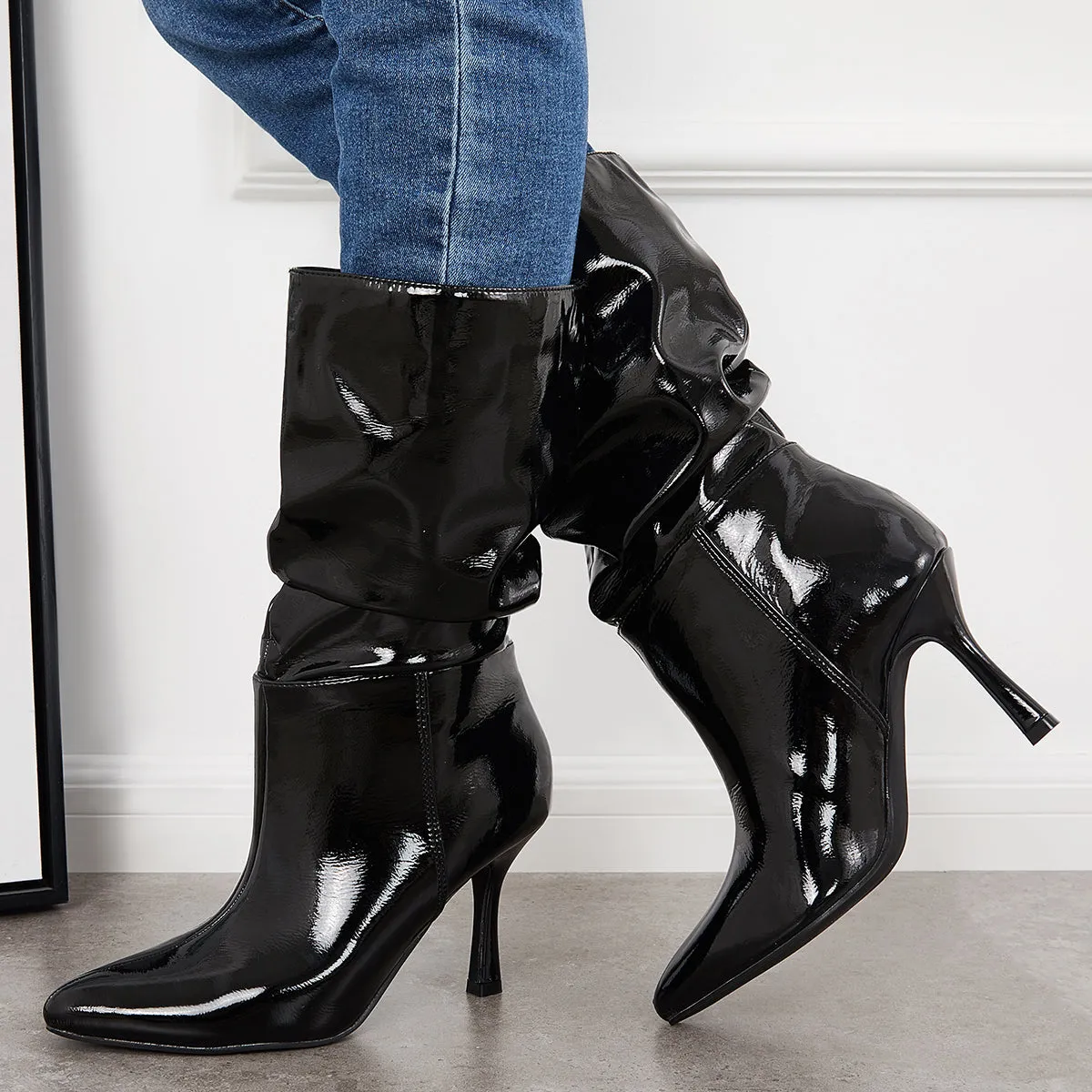 Slouch Patent Leather Mid Calf Boots Pointed Toe Stiletto Heel Booties sold by Tinstree
