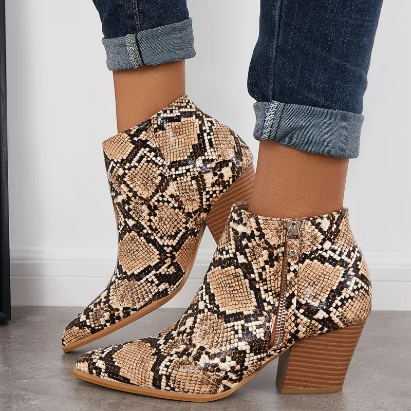 Pointed Toe Western Ankle Boots Chunky Block Heel Booties sold by Tinstree