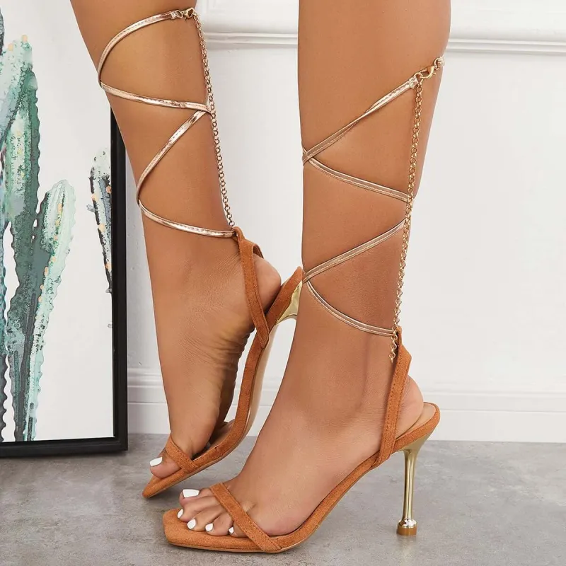 Square Toe Lace Up Stiletto High Heels Tie Strap Gladiator Sandals sold by Tinstree