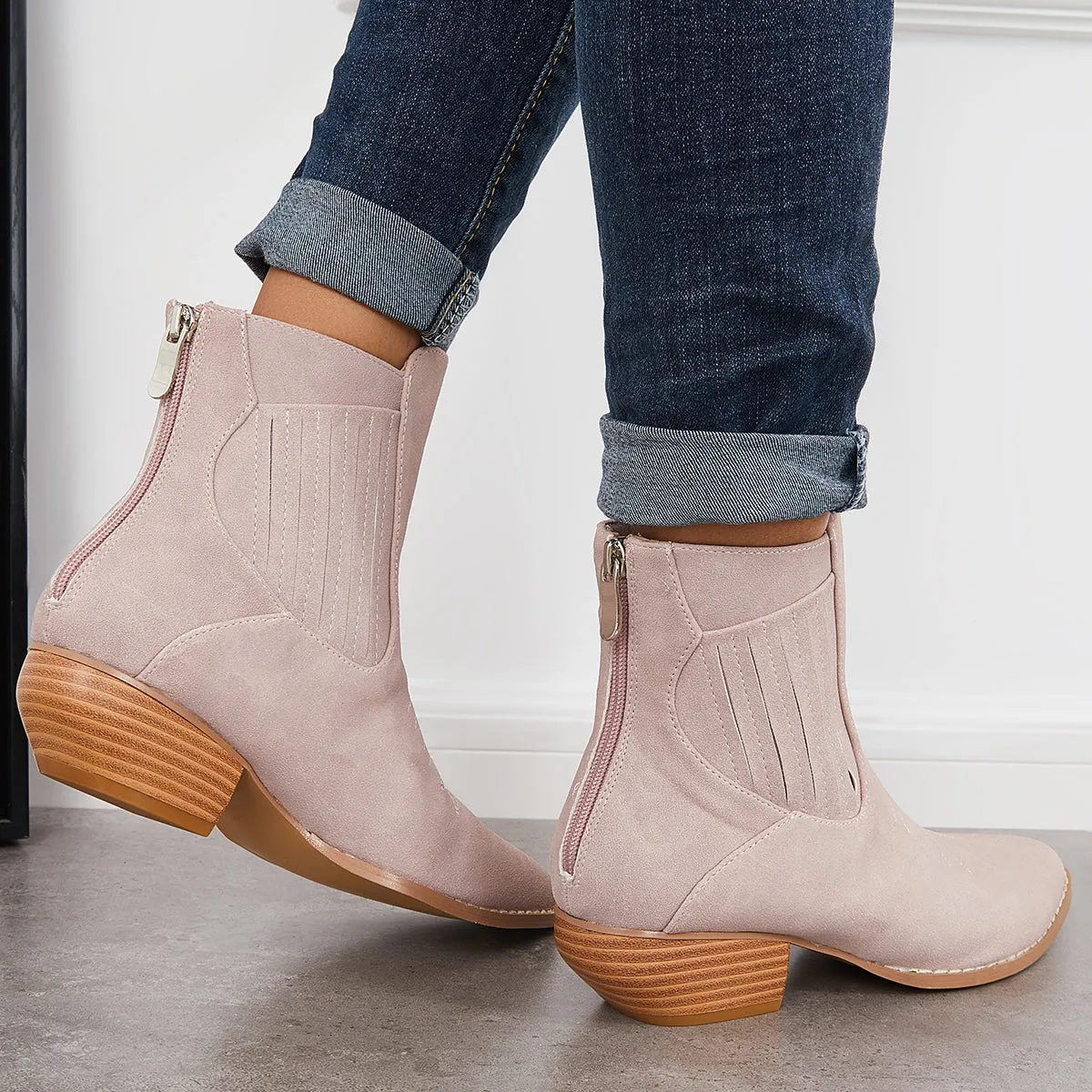 Western Cowboy Booties Chunky Stacked Heel Zipper Ankle Boots sold by Tinstree product image thumbnail 4
