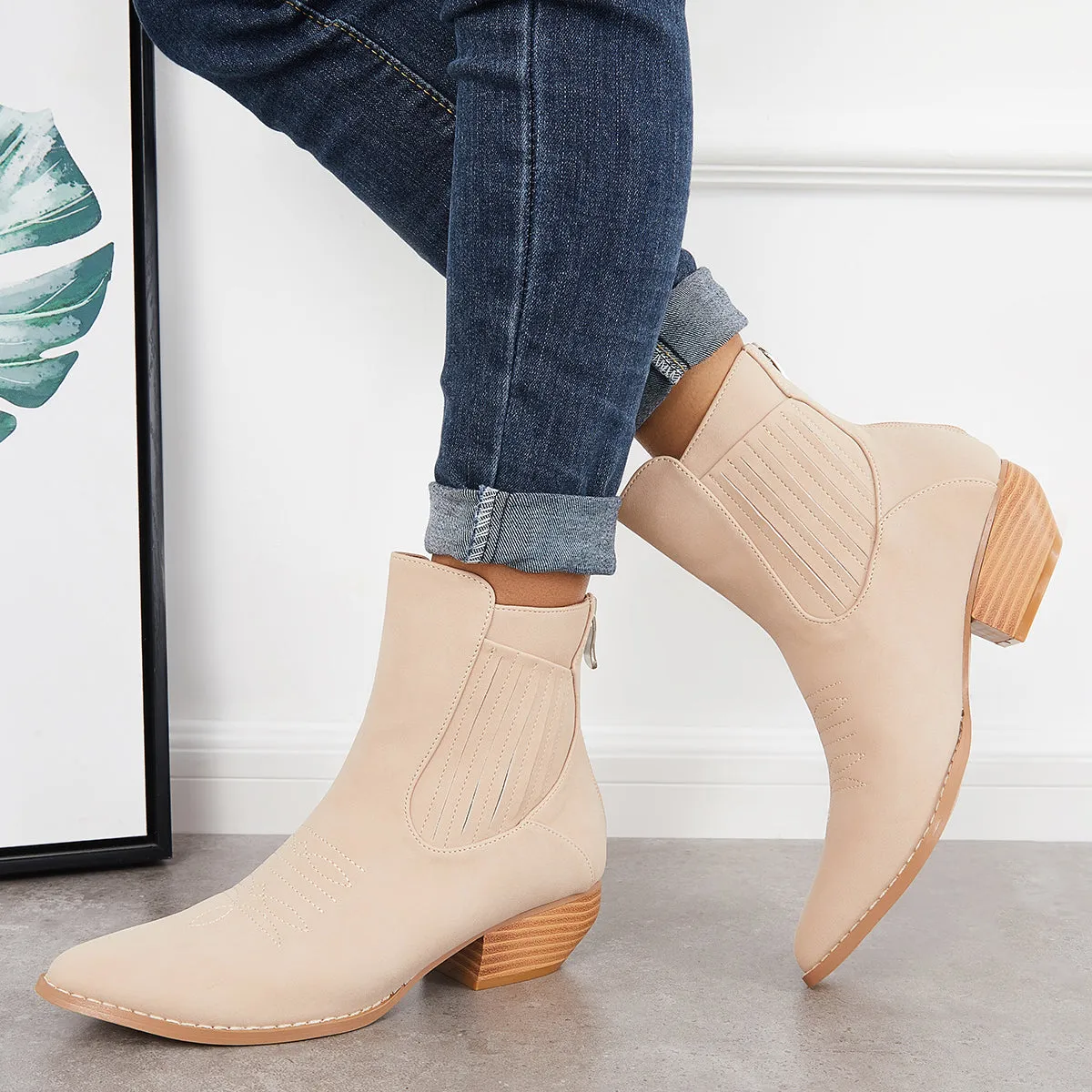 Western Cowboy Booties Chunky Stacked Heel Zipper Ankle Boots sold by Tinstree product image thumbnail 5