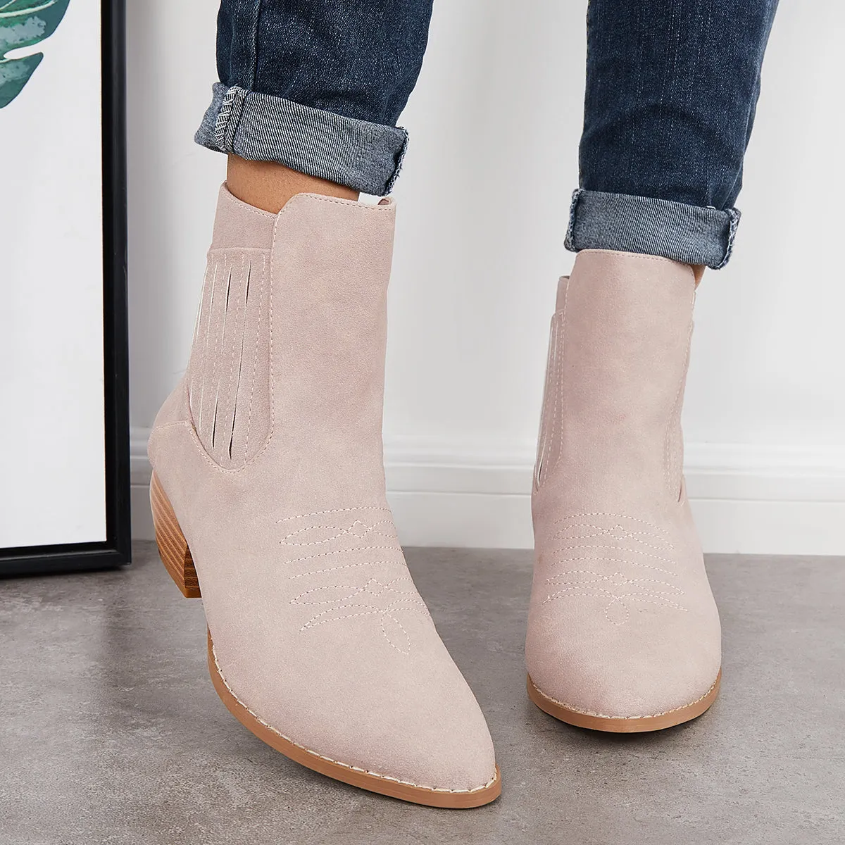 Western Cowboy Booties Chunky Stacked Heel Zipper Ankle Boots sold by Tinstree product image thumbnail 3