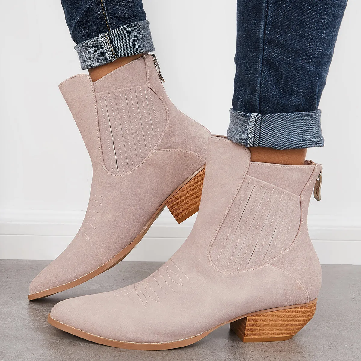Western Cowboy Booties Chunky Stacked Heel Zipper Ankle Boots sold by Tinstree product image thumbnail 2