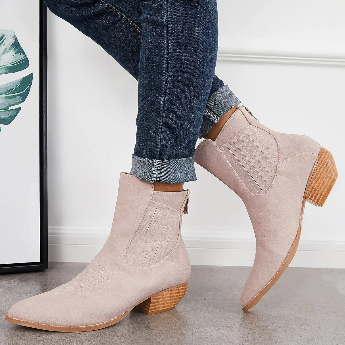 Western Cowboy Booties Chunky Stacked Heel Zipper Ankle Boots sold by Tinstree