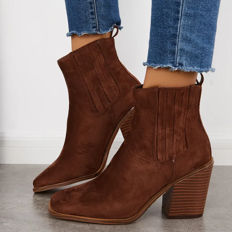 Square Toe Chelsea Ankle Boots Block Stacked Heel Western Booties sold by Tinstree