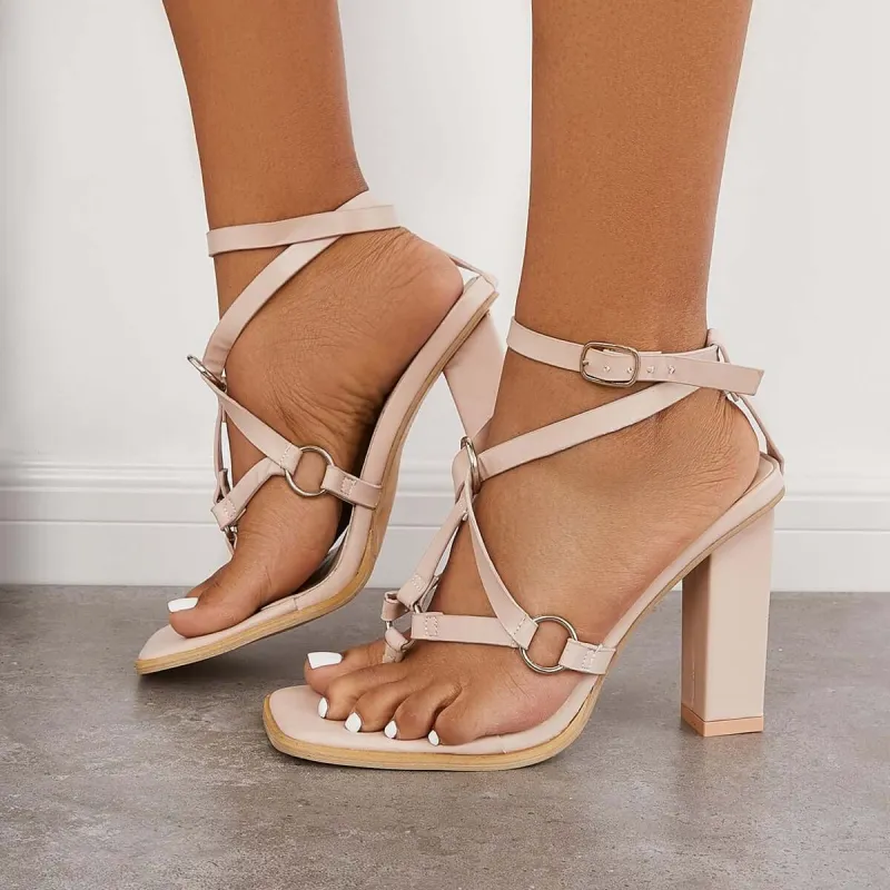 Square Toe Ankle T-Straps Sandals Chunky Block High Heels sold by Tinstree