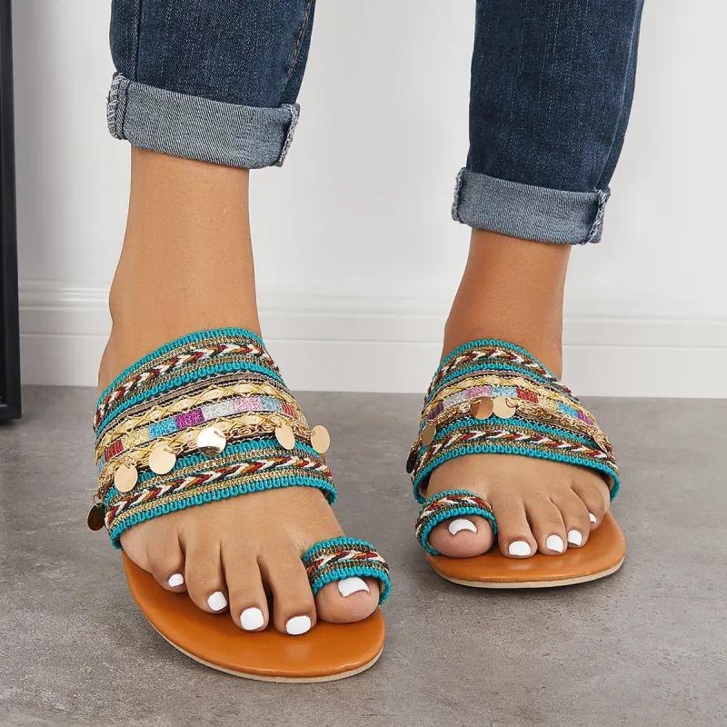 Boho Toe Ring Slip on Flat Slippers Slide Sandals sold by Tinstree