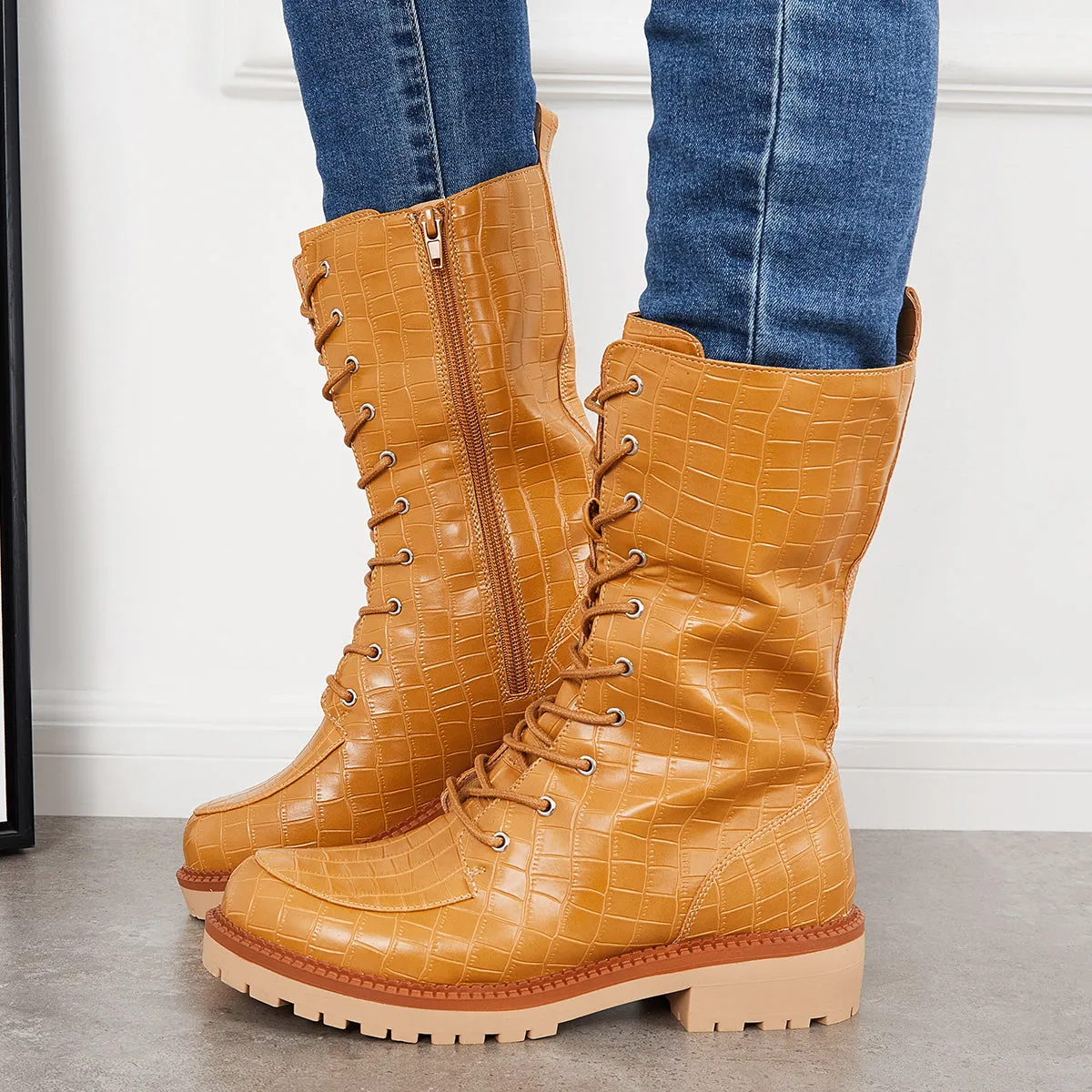 Women Mid Calf Lace Up Boots Lug Sole Military Combat Booties sold by Tinstree product image thumbnail 2