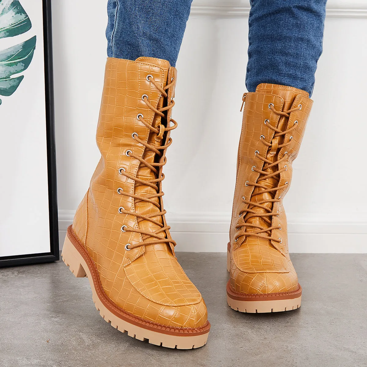 Women Mid Calf Lace Up Boots Lug Sole Military Combat Booties sold by Tinstree