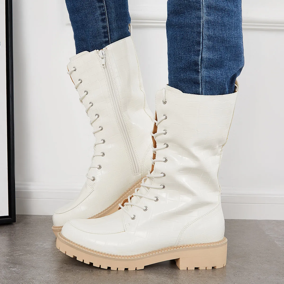 Women Mid Calf Lace Up Boots Lug Sole Military Combat Booties sold by Tinstree product image thumbnail 5