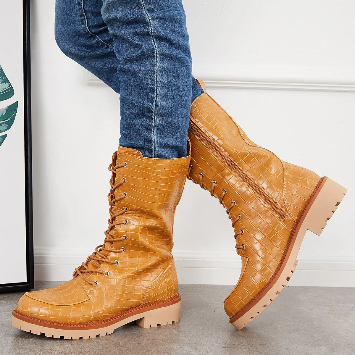 Women Mid Calf Lace Up Boots Lug Sole Military Combat Booties sold by Tinstree product image thumbnail 3