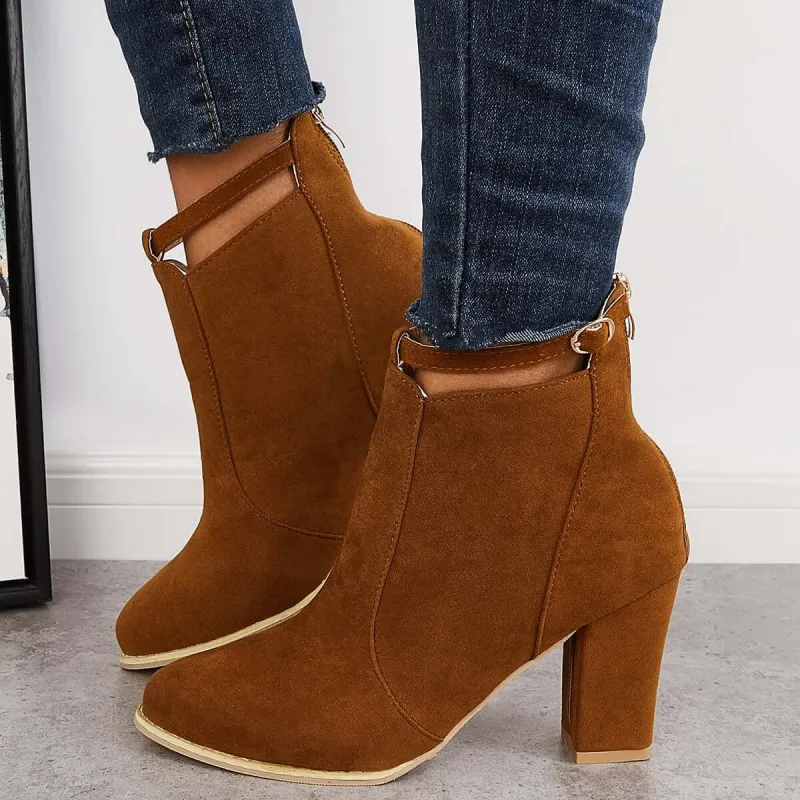 Suede Chunky Heel Ankle Boots Back Zipper Dress Booties sold by Tinstree