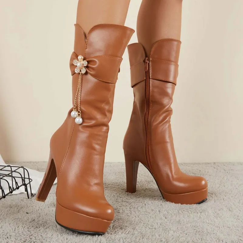 Chunky Platform High Heel Booties Mid Calf Dress Boots sold by Tinstree