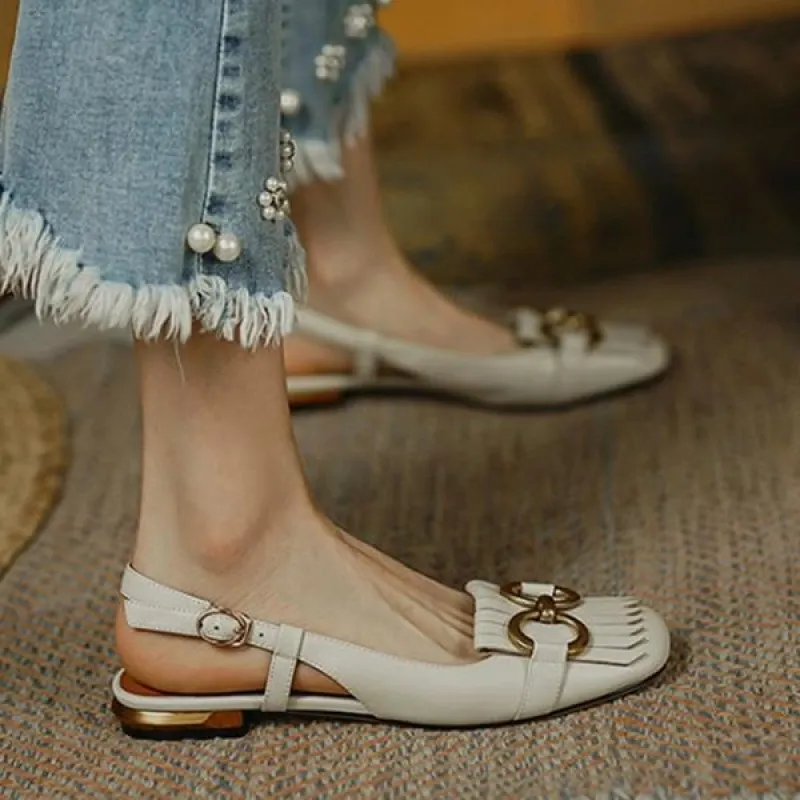 Square Toe Flat Sandals Solid Metallic Buckle Slingback Pumps sold by Tinstree