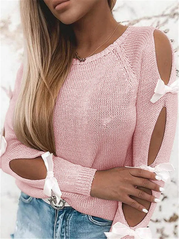 Women's Hollow Long Sleeve Tie Knot Cuff Solid Sweater Tops sold by Tinstree