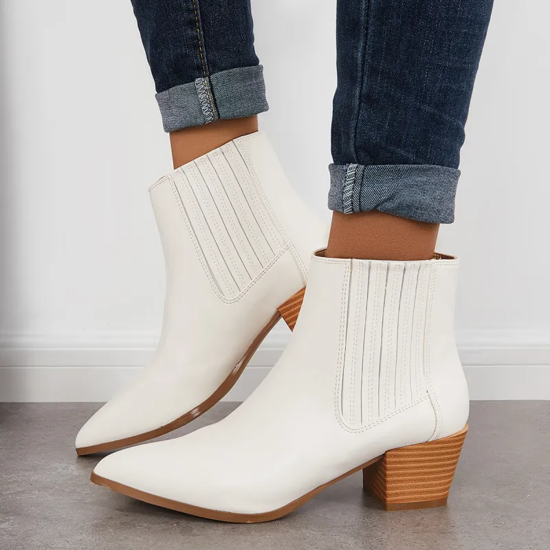 Pointed Toe Western Cowboy Booties Chunky Heel Slip On Ankle Boots sold by Tinstree
