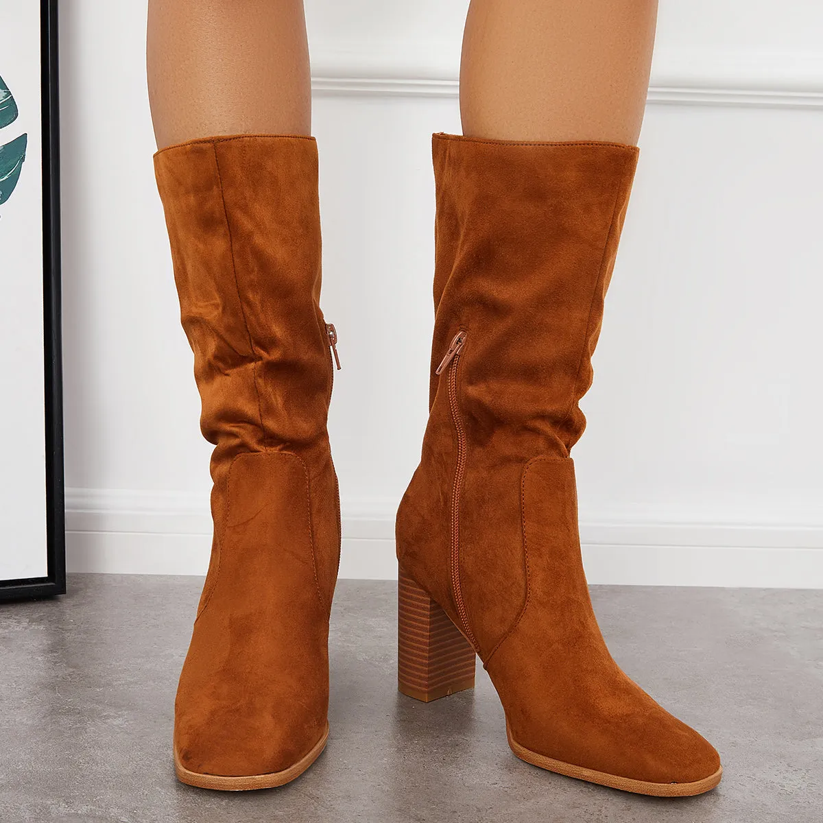 Stretch Wide Calf Riding Boots Suede Chunky High Heel Booties sold by Tinstree