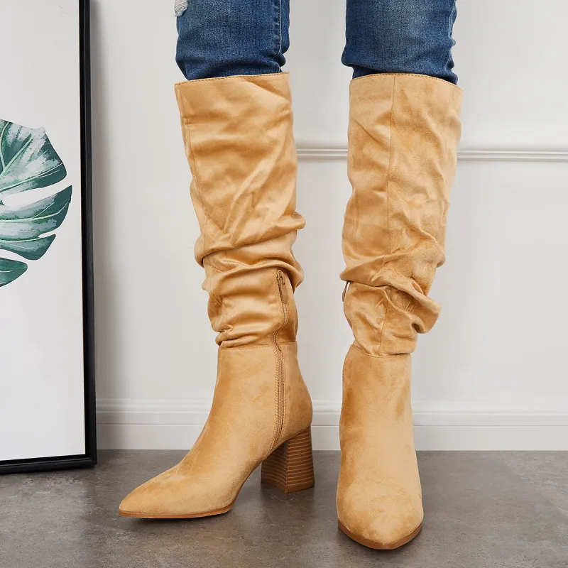 Slouchy Ruched Knee High Boots Chunky Block Heel Tall Boots sold by Tinstree