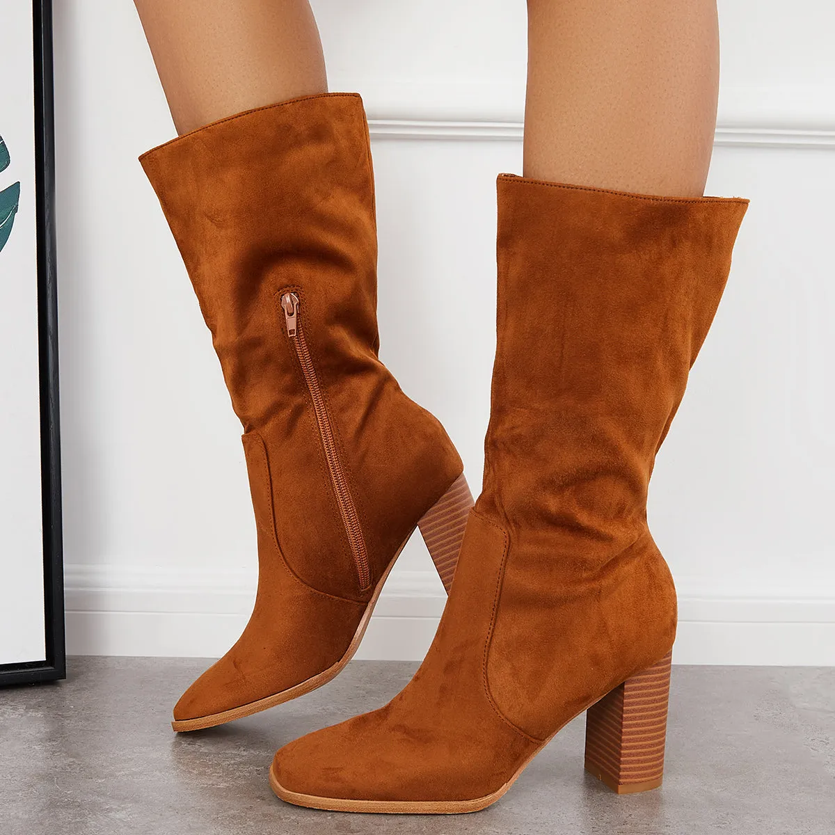 Stretch Wide Calf Riding Boots Suede Chunky High Heel Booties sold by Tinstree product image thumbnail 3