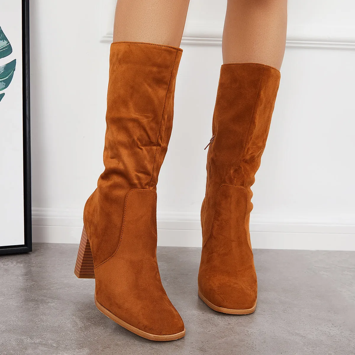 Stretch Wide Calf Riding Boots Suede Chunky High Heel Booties sold by Tinstree product image thumbnail 2