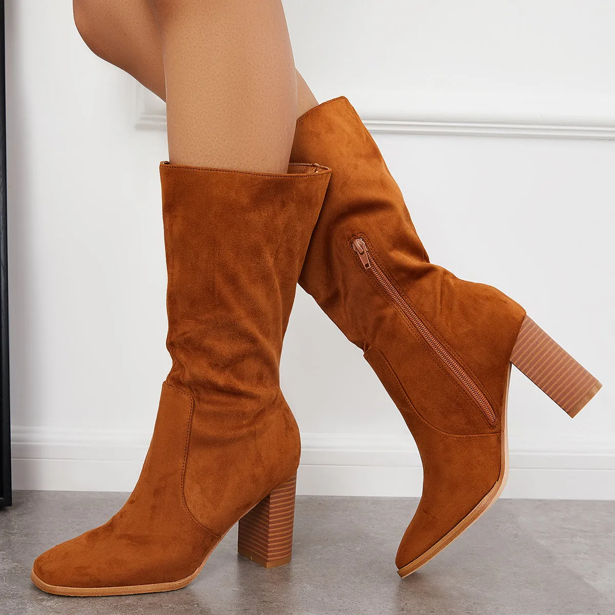 Stretch Wide Calf Riding Boots Suede Chunky High Heel Booties sold by Tinstree product image thumbnail 4