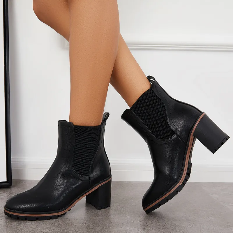 Elastic Lug Sole Ankle Boots Slip on Chunky Heel Chelsea Booties sold by Tinstree