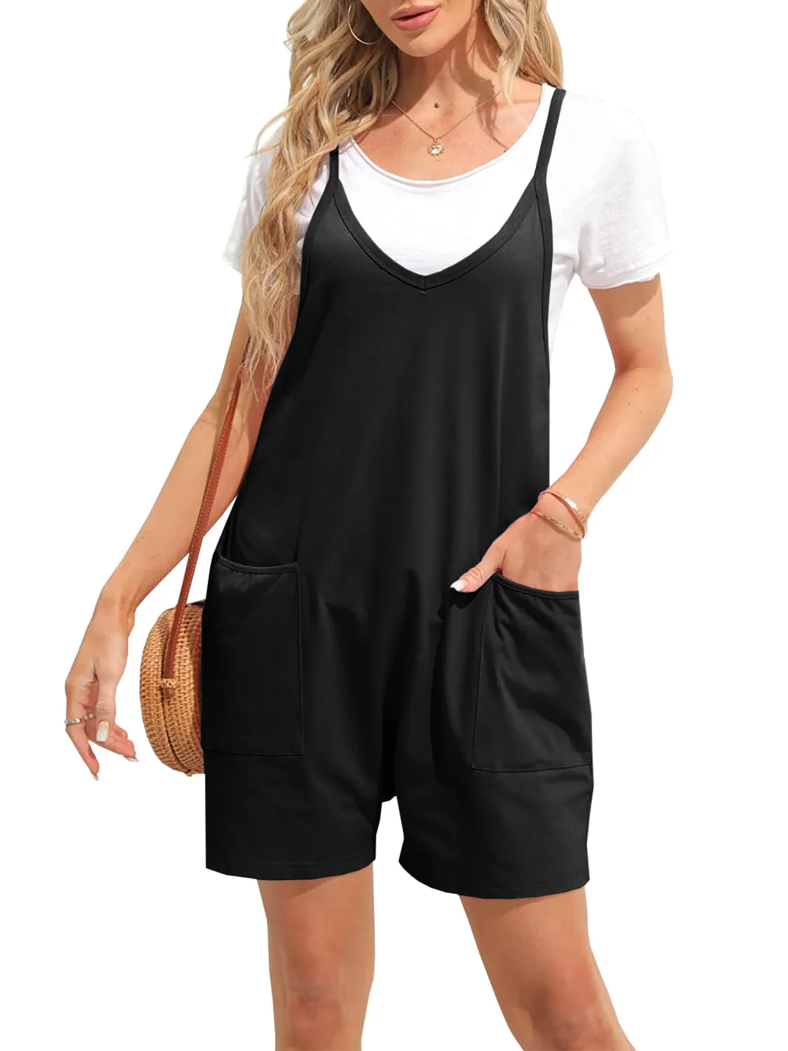 Ebifin women's dungarees short work trousers summer loose overalls jumpsuit sleeveless dungarees with large pockets sold by Tinstree product image thumbnail 5