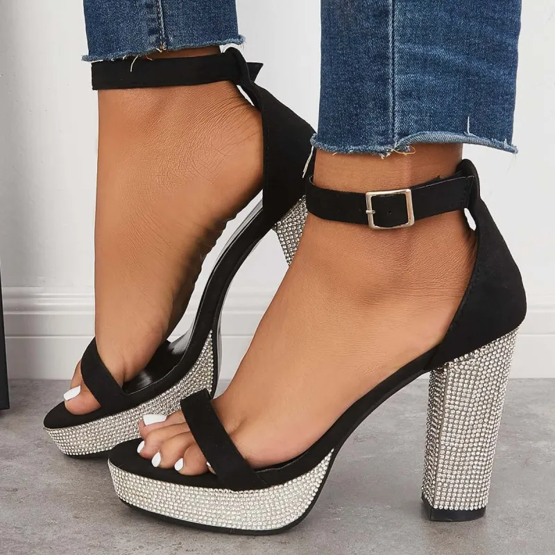 Rhinestone Chunky Block High Heels Ankle Strap Sandals sold by Tinstree